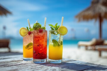 Obraz premium Refreshing summer cocktails served on a luxurious tropical beach resort with stunning ocean views and blue skies