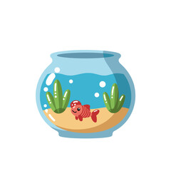 Cartoon goldfish swimming in a bowl with plants and sand  