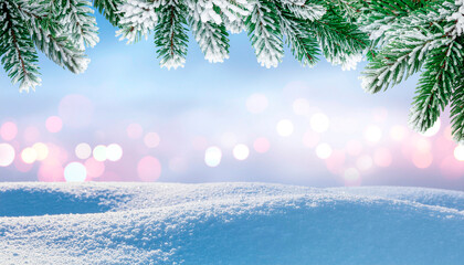 Magical winter wonderland background with snow drifts and frosted evergreen branches creating a serene and enchanting holiday atmosphere for your designs