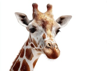 Obraz premium Large giraffe with distinct markings gazes calmly against a white background during bright daylight in a natural habitat