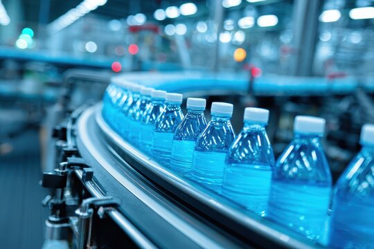 Conveyor belt transports bottled juice at beverage production facility in a modern plant setting during daytime operations