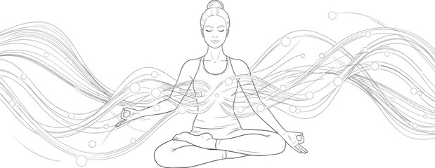 Meditation woman with flowing energy lines in yoga pose, abstract aura design, spiritual harmony, wellness concept, vector illustration art