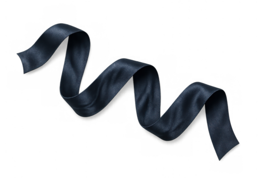 Black silk ribbon floating in a wavy, flowing shape, elegant satin fabric decoration with transparent background