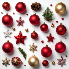 A flat-lay presents red and gold ornaments, stars, pine needles, and a pinecone scattered on a white background