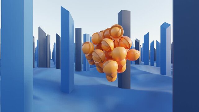 Orange Floating Spheres Above Blue Desert Dunes 3D Animation