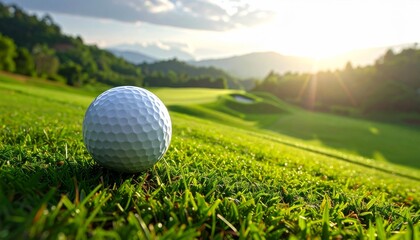 Obraz premium White golf ball resting on the manicured green grass of a summer golf course under the open sky, ready for a game