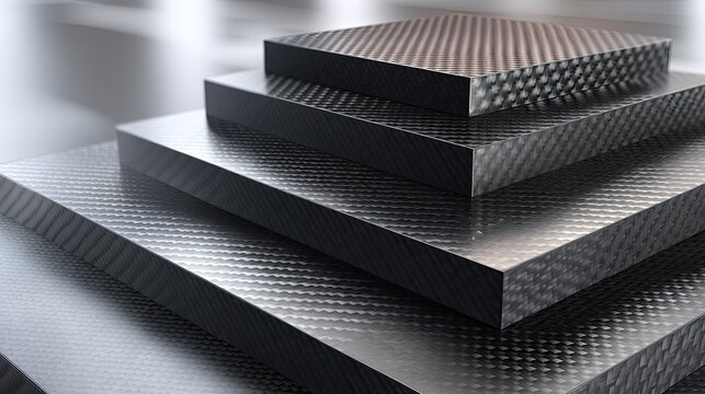 Close-up View of Stacked Black Metallic Sheets with Textured Patterns and Reflections in a Modern Industrial Setting