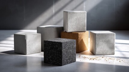 Aesthetic Arrangement of Geometric Cubes in Neutral Tones with Soft Light and Shadows Creating a Modern Atmosphere