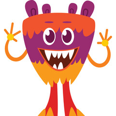 Whimsical cartoon monster with big eyes wide smile and orange purple and red colors on a transparent background