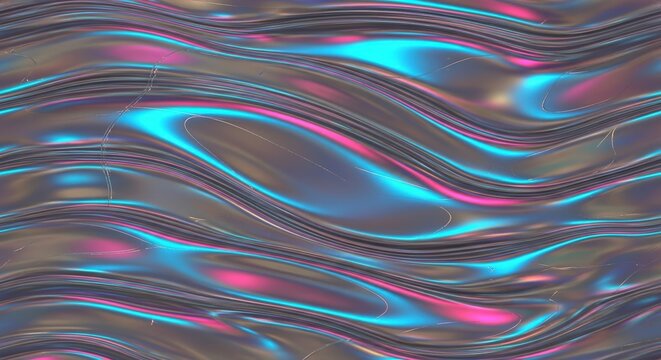 Abstract metallic surface with iridescent waves of blue and pink light reflecting.