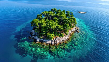 Vibrant Aerial View of a Lush Green Island Sanctuary Surrounded by Crystal Clear Turquoise Waters Bathed in Bright Sunlight