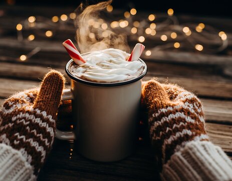 Cozy close-up of hands in knitted mittens holding steaming mug of hot chocolate with whipped cream and candy canes, winter holiday drink
