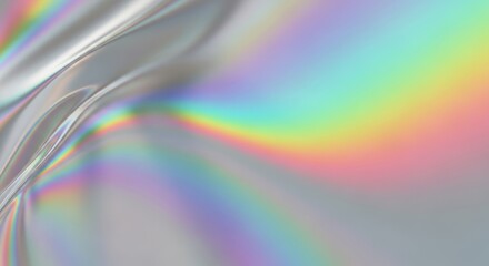 Abstract iridescent holographic background with vibrant rainbow light reflections and wavy texture.