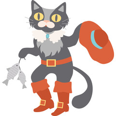 Whimsical Cartoon Cat Character Dressed as a Swashbuckler Holding a Red Hat and Two Small Fish in a Playful Pose Against a Transparent Background