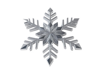 Stylized silver 3D snowflake with metallic reflections, sharp geometric structure, isolated on white, winter holiday theme.