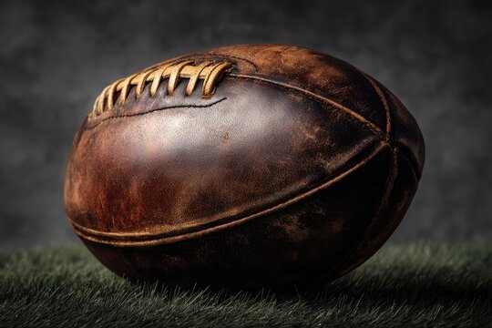 Realistic vintage rugby ball resting on grass with textured details in a studio setting