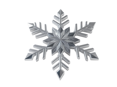 Stylized silver 3D snowflake with metallic reflections, sharp geometric structure, isolated on white, winter holiday theme.