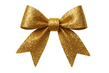 Golden glitter Christmas bow, shimmering metallic texture, isolated on white background