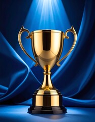 A golden, ornate chalice stands on a pedestal, illuminated by a spotlight against a silky, blue draped background