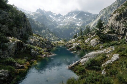 Serene reflection of mountain peaks over a tranquil lake surrounded by lush greenery under a cloudy sky