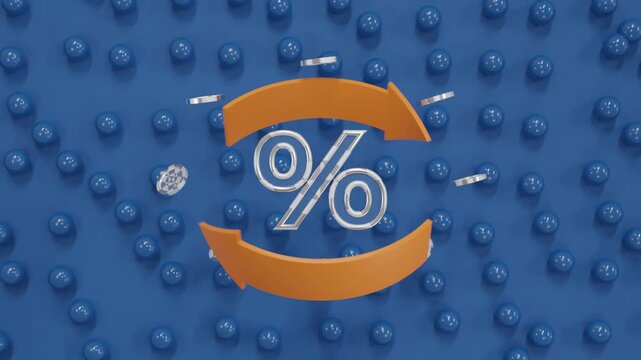 3D Orange Arrows Rotating Around Percent Sign on Blue Background Top View