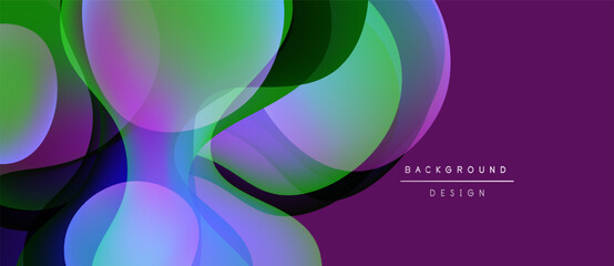 Abstract fluid shapes overlap, creating vibrant color gradients. Purple dominates background, green and blue accents present. Modern design element.