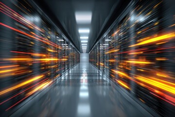 Data stream visualization in a vibrant server room with colorful light streaks displaying high-speed information processing