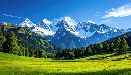 Fototapeta premium Vibrant Green Meadow With Majestic Snow Capped Mountains Under A Clear Blue Sky With Wispy Clouds