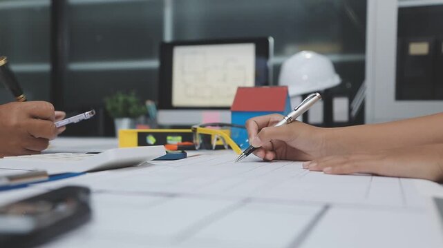 team of multiethnic architects working on construction plans in meeting room engineers discussing on project in office mature businessman and woman standing around table working on blueprint no logos
