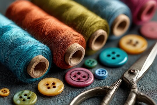 Explore the beauty of multicolored sewing supplies with vibrant threads, assorted buttons, and sharp scissors arranged creatively for craft enthusiasts in a well-lit workspace - Powered by Adobe