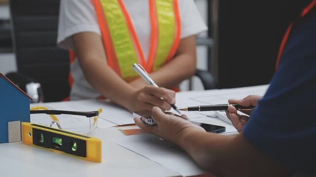team of multiethnic architects working on construction plans in meeting room engineers discussing on project in office mature businessman and woman standing around table working on blueprint no logos