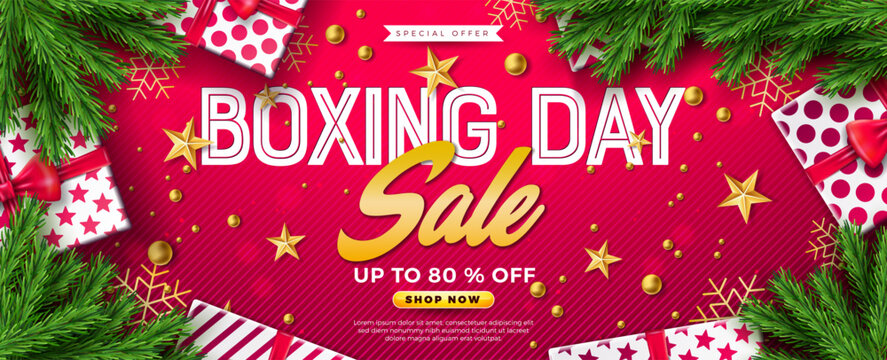 Boxing Day Sale Design with Gift Box, Golden Ornamental Ball, Fir Branch and Typography Lettering on Red Background. Christmas Holiday Shopping Day Vector Business Illustration with Special Offer - Powered by Adobe