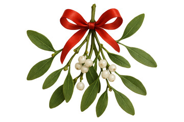 Realistic mistletoe sprig with green leaves and white berries, tied with red ribbon, isolated on white background, Christmas romance feel.