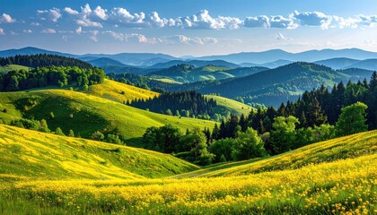 Vibrant Spring Meadow Blooming Purple Flowers Bathed in Bright Sunlight Under a Blue Sky with Wispy Clouds