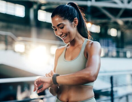 Athletic woman smiling while checking her smartwatch fitness tracker after workout in gym, healthy lifestyle and technology concept - Powered by Adobe