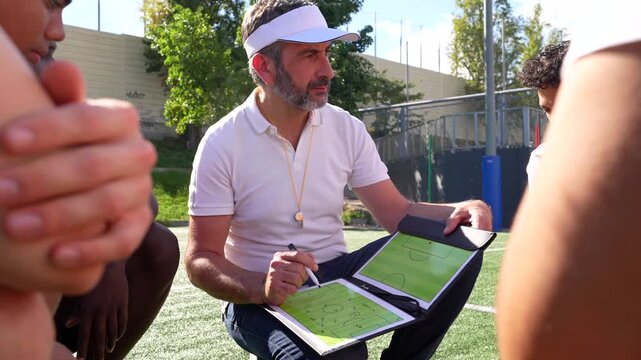 Soccer coach explaining game strategy with a tactic board