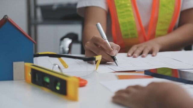 team of multiethnic architects working on construction plans in meeting room engineers discussing on project in office mature businessman and woman standing around table working on blueprint no logos