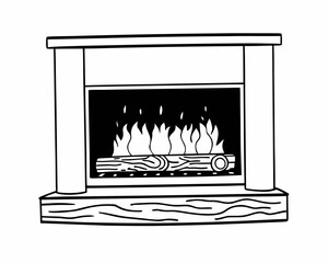 Illustration of a fireplace with burning logs