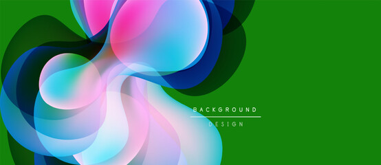 Abstract shapes overlap, creating vibrant color blends. Green background provides strong contrast. Modern design element.