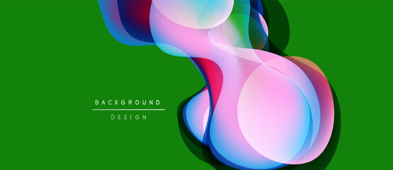 Abstract fluid shapes overlap vibrant green backdrop. Modern design elements create dynamic visual impact. Smooth gradients suggest movement, depth.
