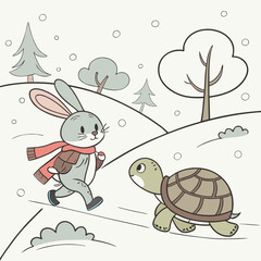 Rabbit and turtle in a snowy landscape illustration