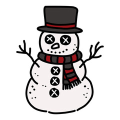 Cute Gothic Snowman Illustration Kawaii Spooky Christmas Character with Red and Black Scarf Winter Holiday Doodle for Coloring Pages Stickers and Craft Projects