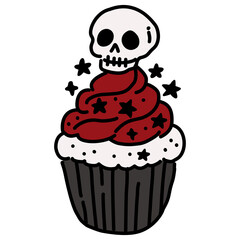 Adorable Gothic Cupcake Illustration Kawaii Spooky Christmas Dessert with Skull Topper Red Frosting and Black Stars Cute Holiday Doodle for Coloring Pages and Crafts