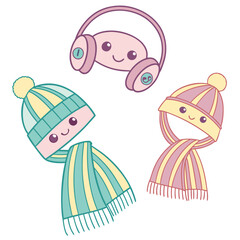 Cute winter accessories with hats, scarves, and headphones on