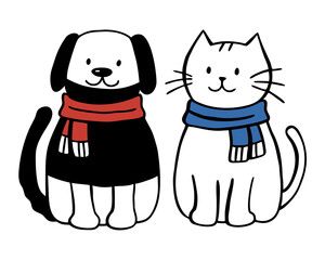 Dog and cat wearing scarves