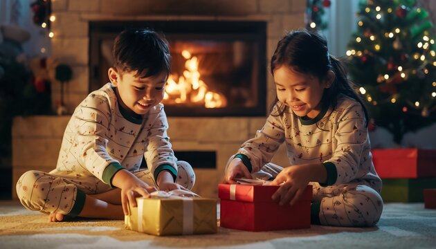 Heartwarming shot of two diverse children in pajamas opening Christmas gifts in front of fireplace, festive holiday morning concept