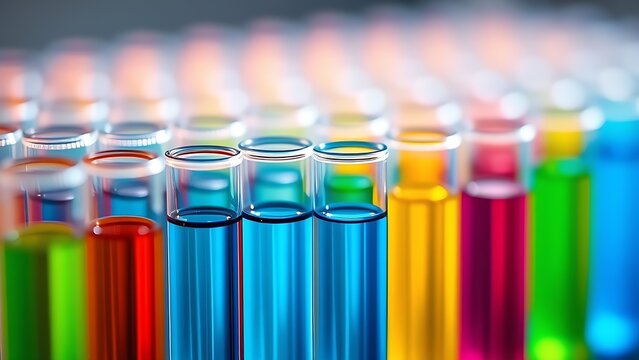 Colorful liquid in glass vials arranged in a row, softly lit with a scientific aesthetic.