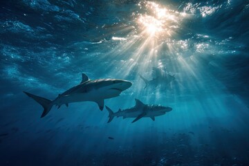 Obraz premium Sharks swim gracefully underwater in the ocean illuminated by bright sunlight shining through the surface waters