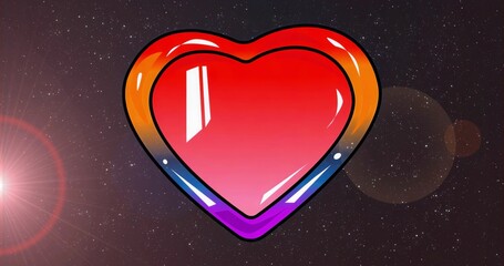Floating glossy heart icon shimmering against cosmic starfield, featuring pink lens flare effect