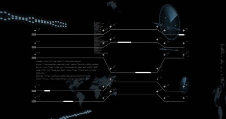 Displaying world map silhouette floating in dark interface, with circular radar dial and code block